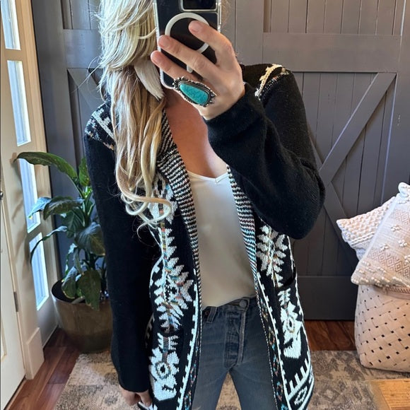 Big Sky Tribal Print Long Black Hooded Cardigan Sweater