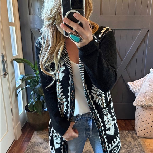 Big Sky Tribal Print Long Black Hooded Cardigan Sweater