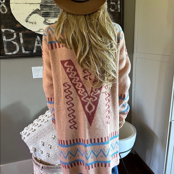Stevens Cotton Aztec Print Long Cardigan Sweater