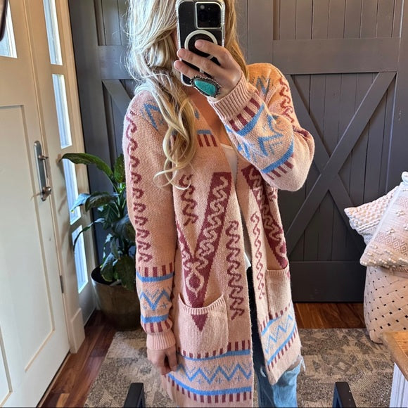 Stevens Cotton Aztec Print Long Cardigan Sweater