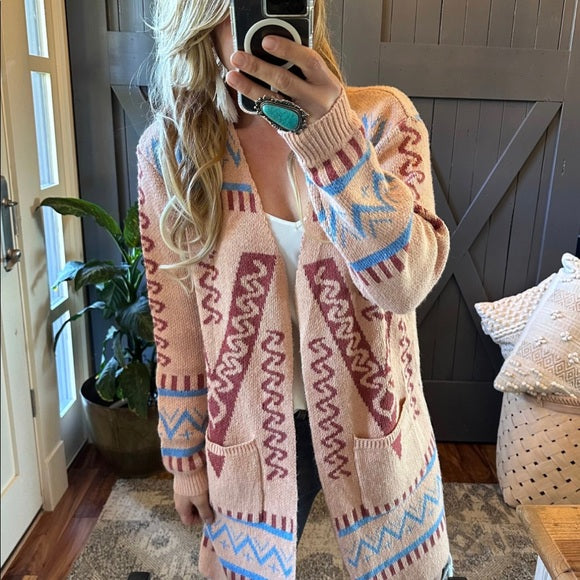 Stevens Cotton Aztec Print Long Cardigan Sweater