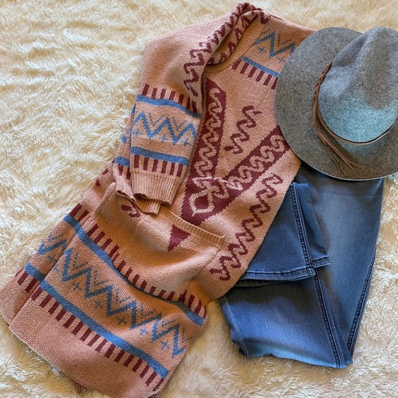 Stevens Cotton Aztec Print Long Cardigan Sweater
