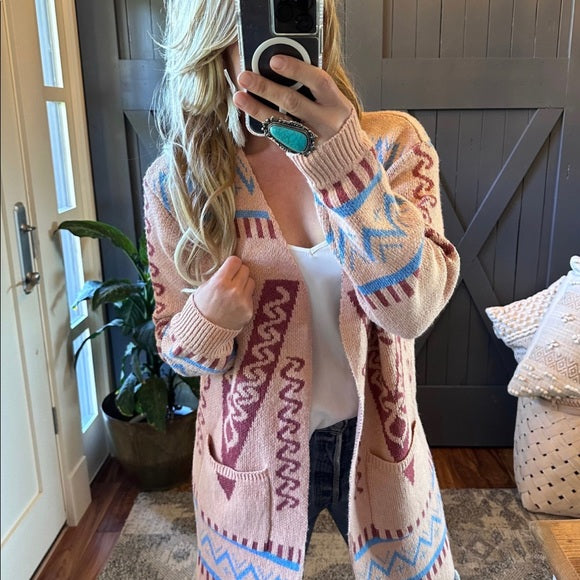 Stevens Cotton Aztec Print Long Cardigan Sweater