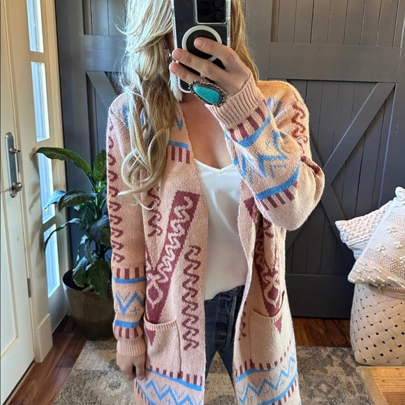 Stevens Cotton Aztec Print Long Cardigan Sweater