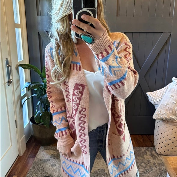 Stevens Cotton Aztec Print Long Cardigan Sweater