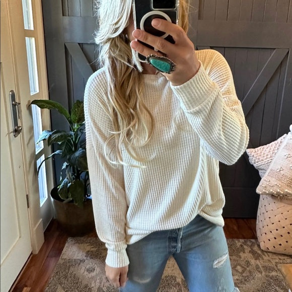 Waffle Cotton Leave Long Cozy Tunic Top Pullover