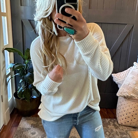 Waffle Cotton Leave Long Cozy Tunic Top Pullover