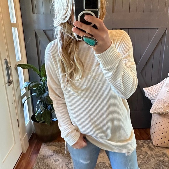 Waffle Cotton Leave Long Cozy Tunic Top Pullover