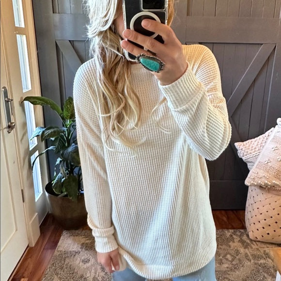Waffle Cotton Leave Long Cozy Tunic Top Pullover