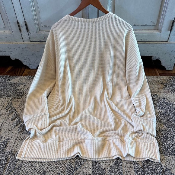 Waffle Cotton Leave Long Cozy Tunic Top Pullover