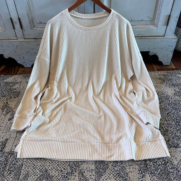 Waffle Cotton Leave Long Cozy Tunic Top Pullover