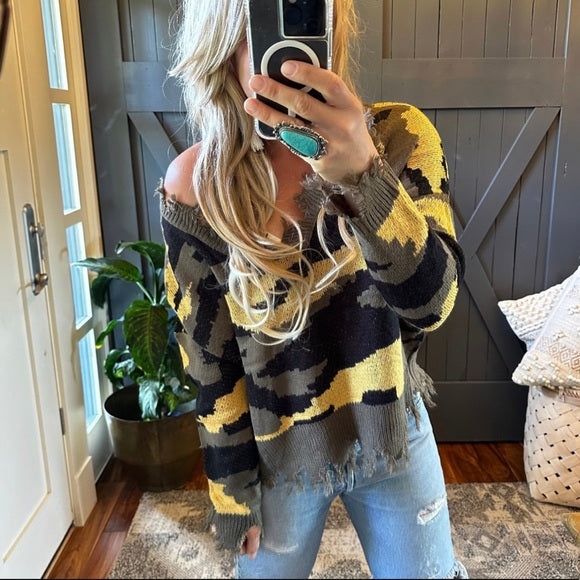 Livingston Camo Knit V-Neck Pullover Sweater