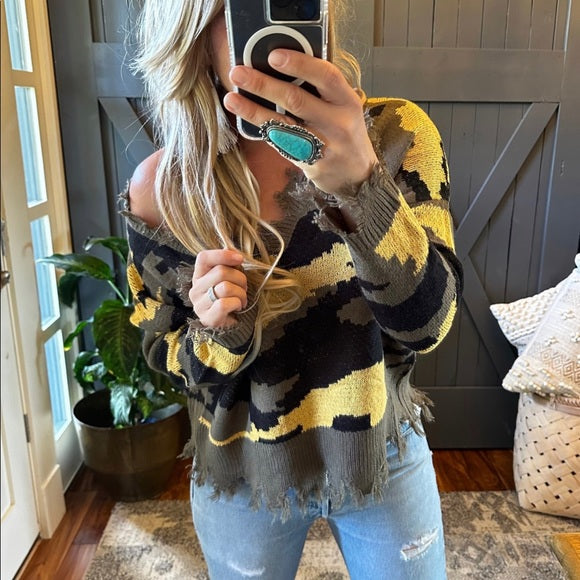 Livingston Camo Knit V-Neck Pullover Sweater