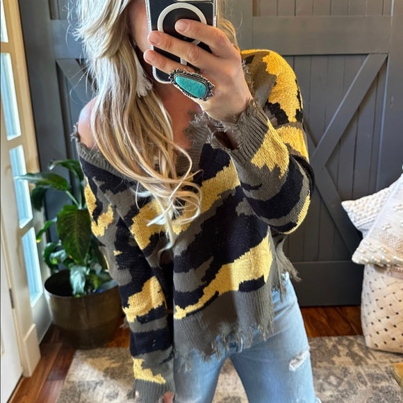 Livingston Camo Knit V-Neck Pullover Sweater