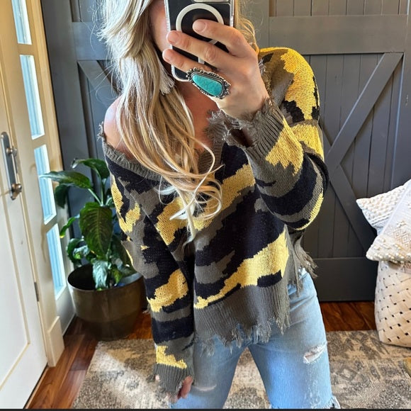 Livingston Camo Knit V-Neck Pullover Sweater