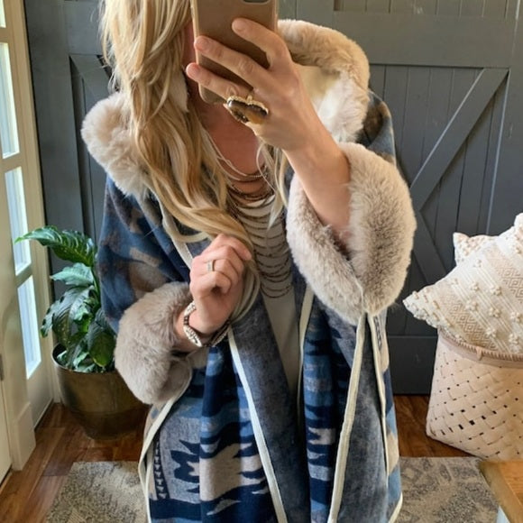 Dunlap Hooded Cloak Sweater Jacket in Blue