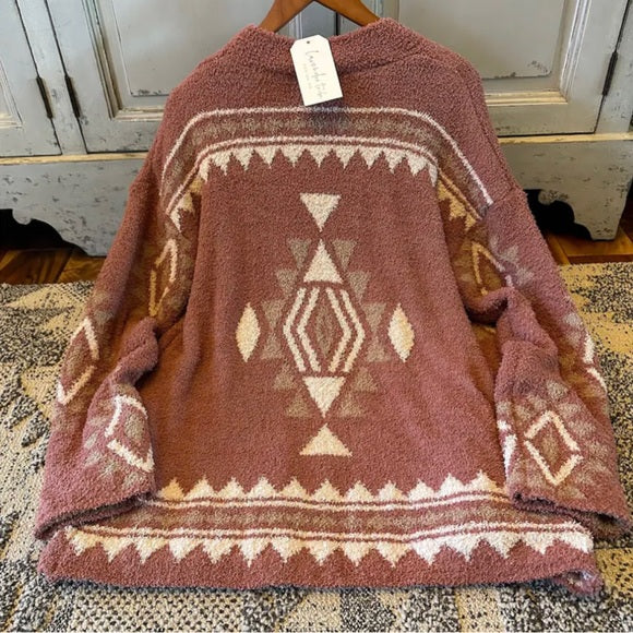 Bennet Geometric Fleece Teddy Blanket Cardigan Sweater