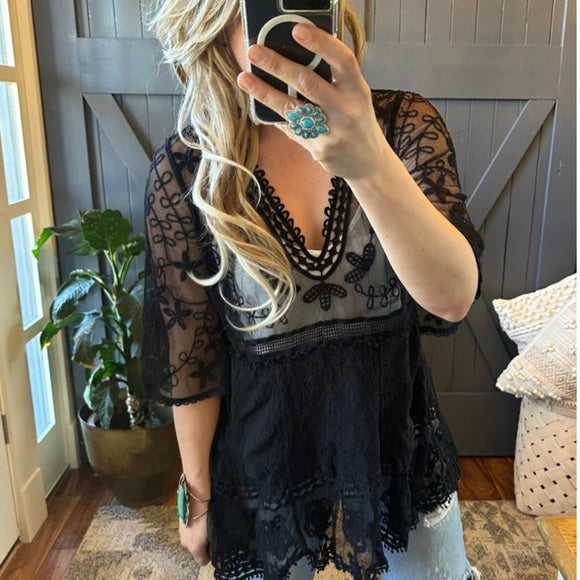 Hailey Black Crochet Lace Blouse Bohemian Blouse - Lavender Tribe