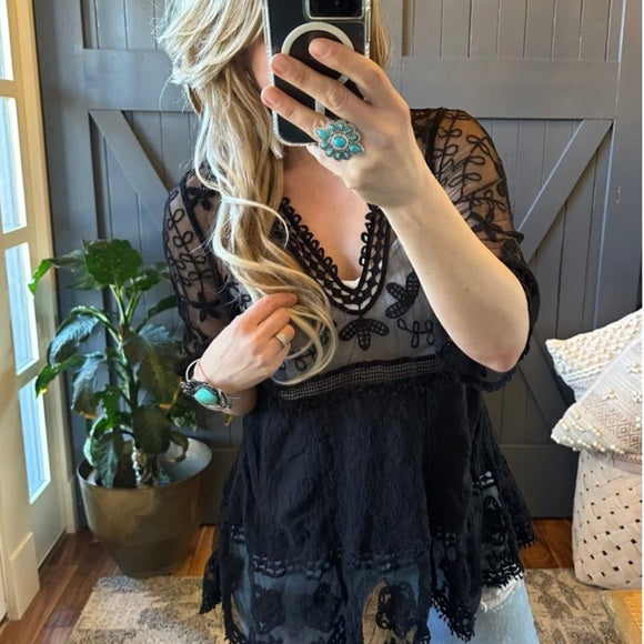 Hailey Black Crochet Lace Blouse Bohemian Blouse - Lavender Tribe