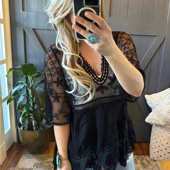 Hailey Black Crochet Lace Blouse Bohemian Blouse - Lavender Tribe