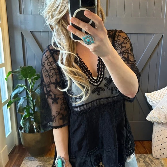 Hailey Black Crochet Lace Blouse Bohemian Blouse - Lavender Tribe