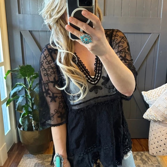 Hailey Black Crochet Lace Blouse Bohemian Blouse - Lavender Tribe