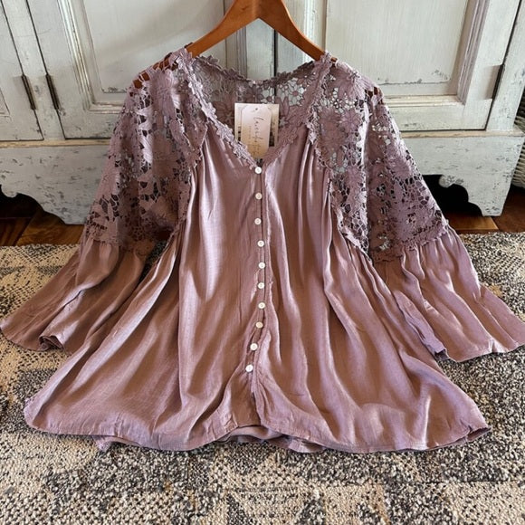 Roslyn Lilac Lace Long Sleeve Button Front Blouse - Lavender Tribe