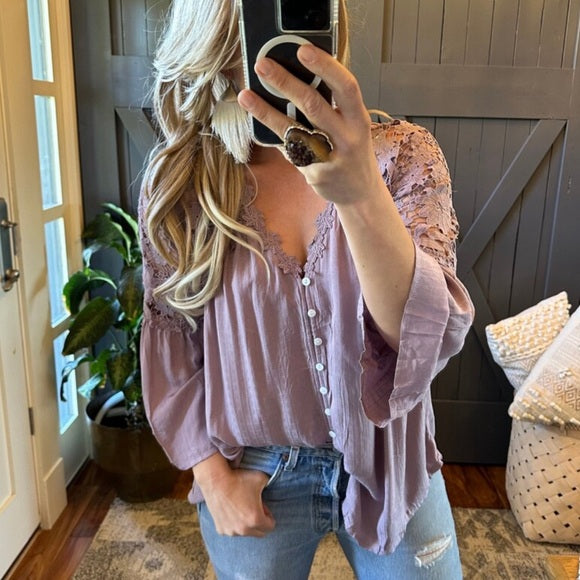 Roslyn Lilac Lace Long Sleeve Button Front Blouse - Lavender Tribe