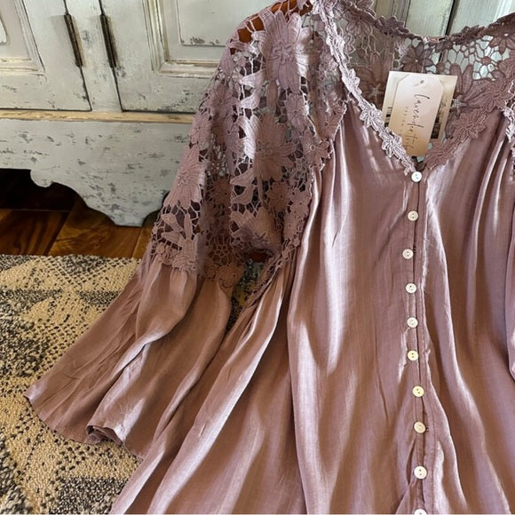Roslyn Lilac Lace Long Sleeve Button Front Blouse - Lavender Tribe