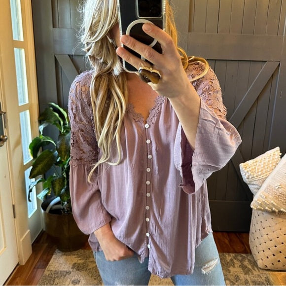 Roslyn Lilac Lace Long Sleeve Button Front Blouse - Lavender Tribe