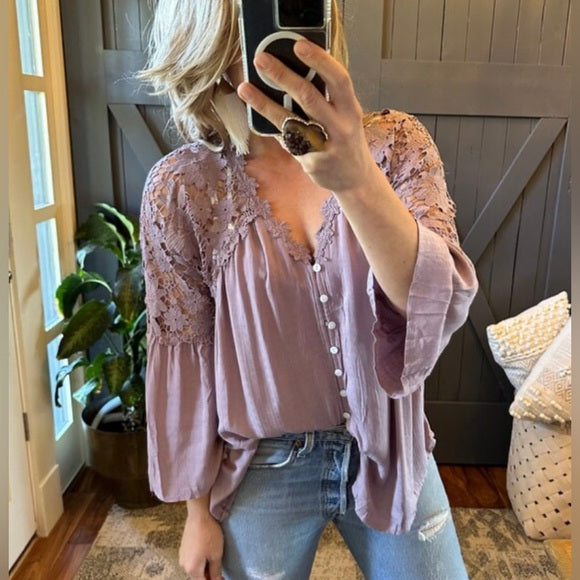 Roslyn Lilac Lace Long Sleeve Button Front Blouse - Lavender Tribe