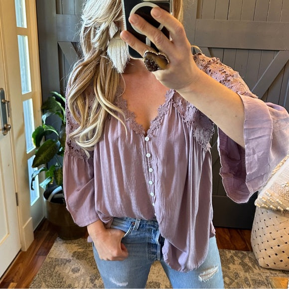 Roslyn Lilac Lace Long Sleeve Button Front Blouse - Lavender Tribe