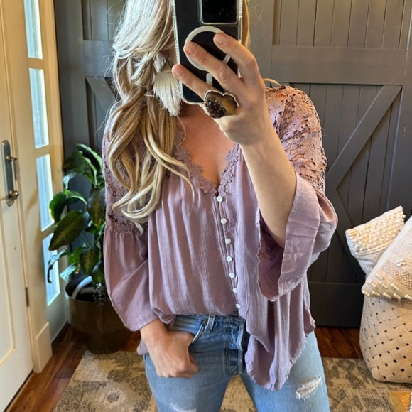 Roslyn Lilac Lace Long Sleeve Button Front Blouse - Lavender Tribe