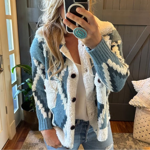 Montana Native Knit Sherpa Sweater Jacket in Blue - Lavender Tribe