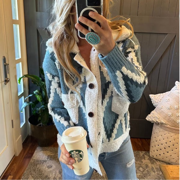 Montana Native Knit Sherpa Sweater Jacket in Blue - Lavender Tribe