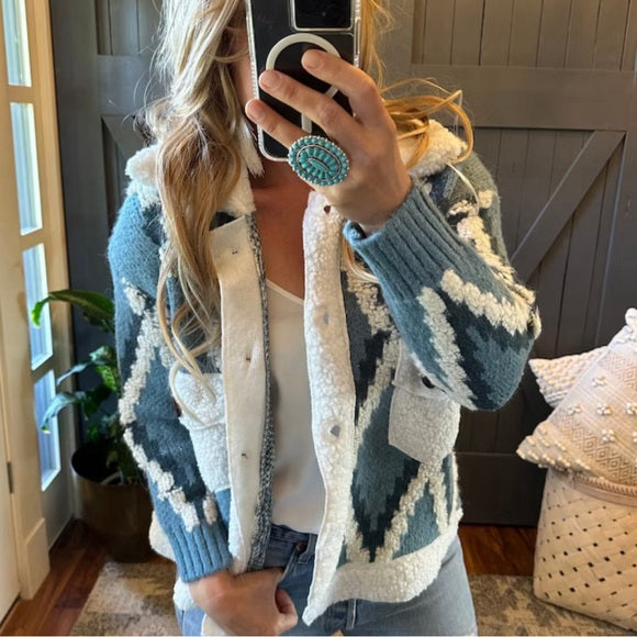 Montana Native Knit Sherpa Sweater Jacket in Blue - Lavender Tribe