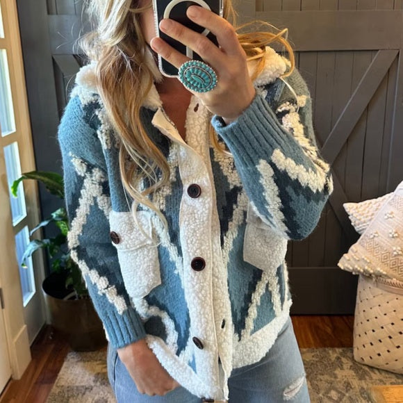 Montana Native Knit Sherpa Sweater Jacket in Blue - Lavender Tribe