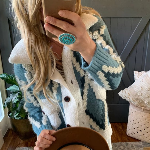Montana Native Knit Sherpa Sweater Jacket in Blue - Lavender Tribe