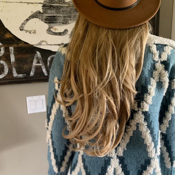Montana Native Knit Sherpa Sweater Jacket in Blue - Lavender Tribe