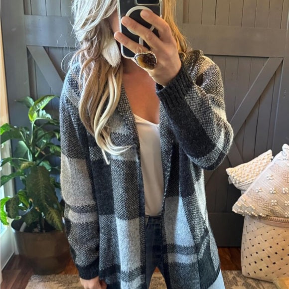 Sundance Grey Buffalo Plaid Hooded Cardigan Sweater - Lavender Tribe