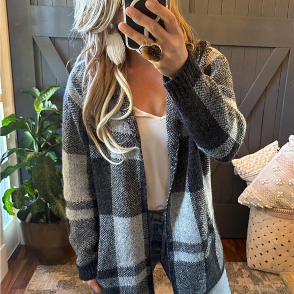 Sundance Grey Buffalo Plaid Hooded Cardigan Sweater - Lavender Tribe