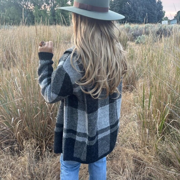 Sundance Grey Buffalo Plaid Hooded Cardigan Sweater - Lavender Tribe