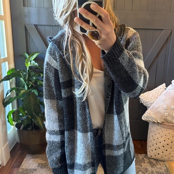 Sundance Grey Buffalo Plaid Hooded Cardigan Sweater - Lavender Tribe