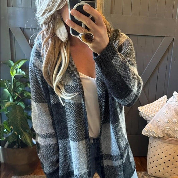 Sundance Grey Buffalo Plaid Hooded Cardigan Sweater - Lavender Tribe