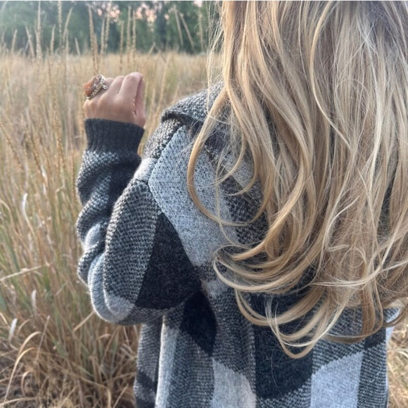 Sundance Grey Buffalo Plaid Hooded Cardigan Sweater - Lavender Tribe
