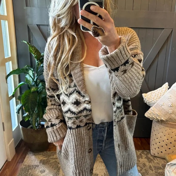 Western Cowichan Print Long Cardigan Sweater - Lavender Tribe