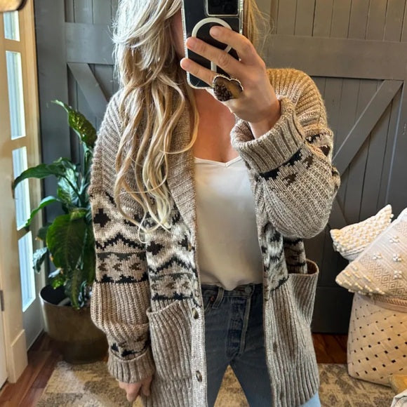 Western Cowichan Print Long Cardigan Sweater - Lavender Tribe