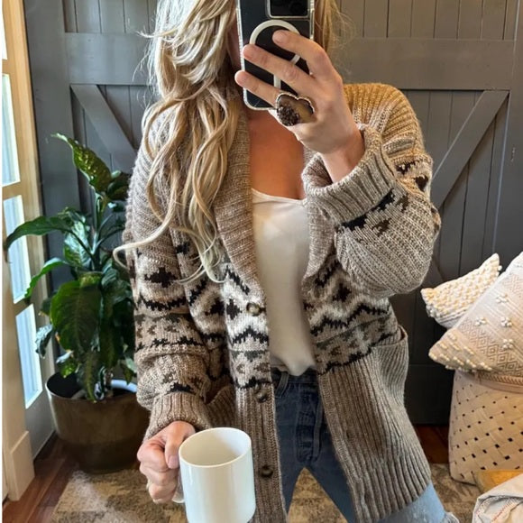 Western Cowichan Print Long Cardigan Sweater - Lavender Tribe