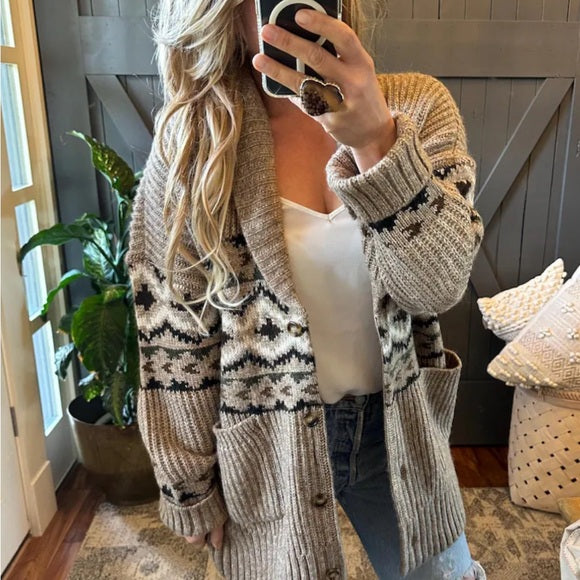 Western Cowichan Print Long Cardigan Sweater - Lavender Tribe