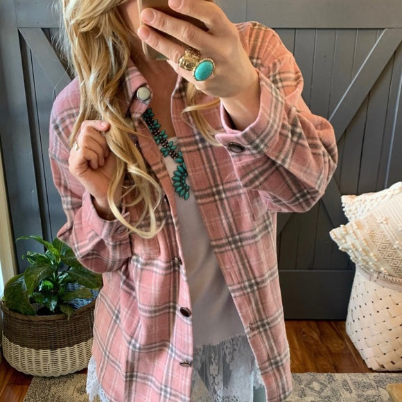 Hailey Pink Plaid Shirt Jacket Flannel Shacket - Lavender Tribe